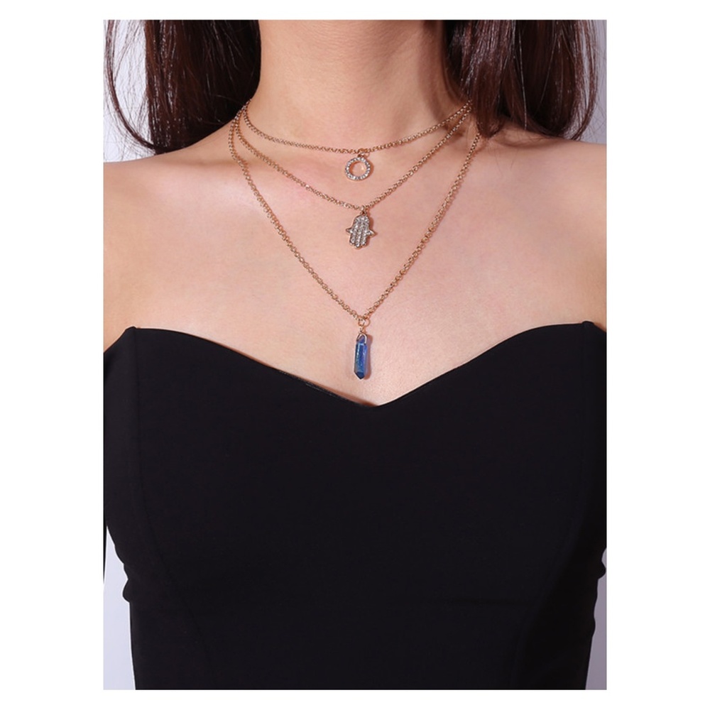 Gold Blue Stone Rhinestones Pendant Necklace - Picture 4 of 4